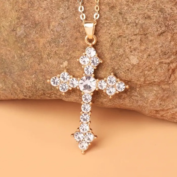 Diamond Gold Tone Cross Necklace - Picture 1 of 2